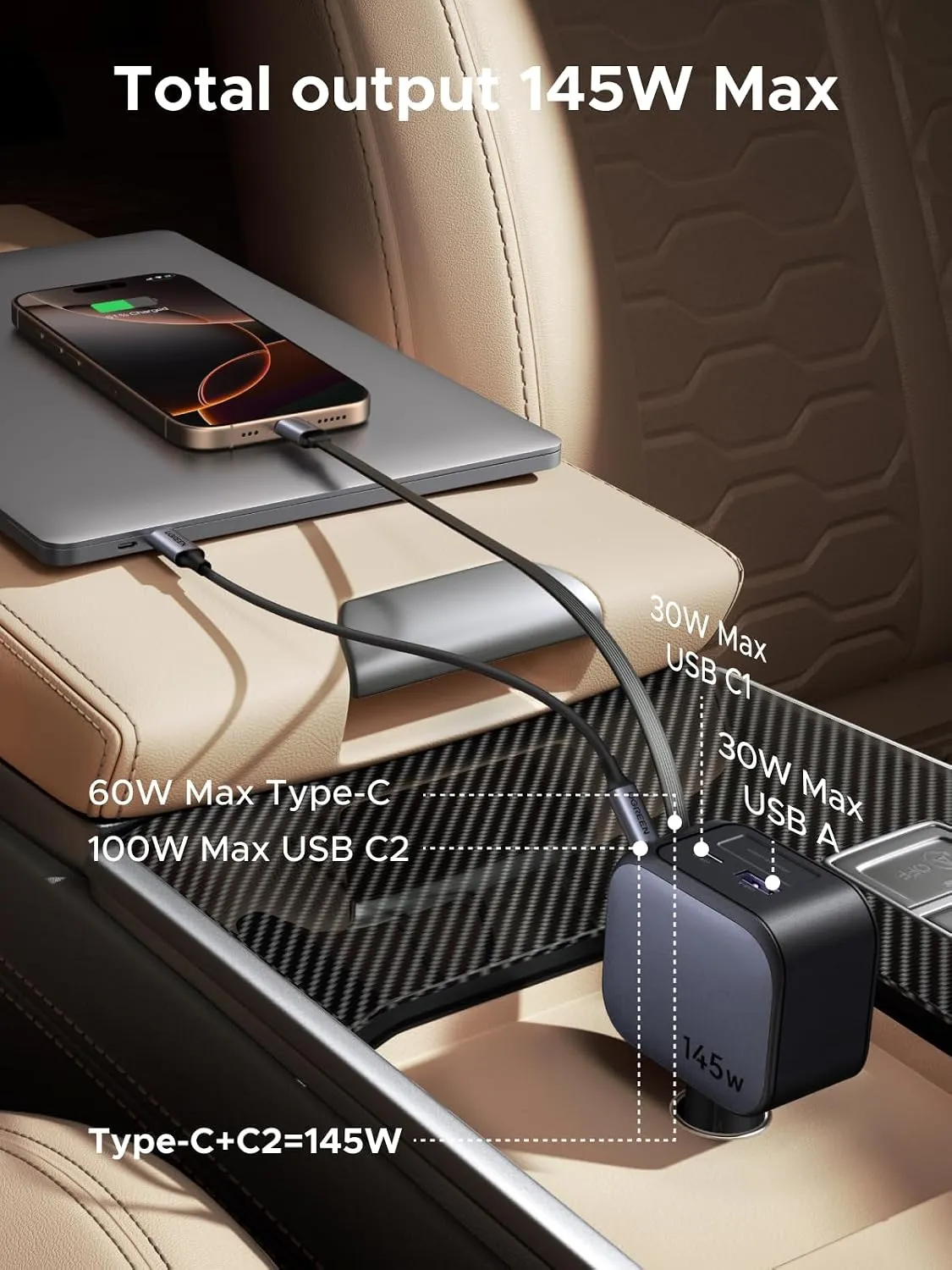 Cargador De Coche Retractil De 145 W - Imagen 2
